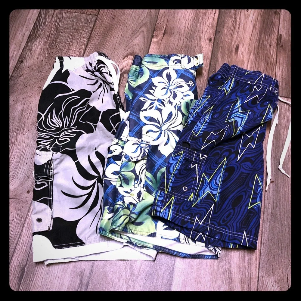 Boys Swim Shorts Lot (S–M) Tropical & Lightning Print Bundle | Summer Beach Pool